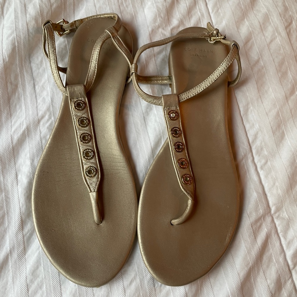 Cole Haan Gold Flat Sandals - T-strap thong - Size 8. Very comfortable.